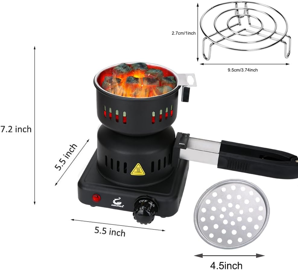 Coal Burner, Charcoal Starter Multipurpose Coal Burner Faster Electric Stove With Mini Pan,Detachable Handle,Stainless Steel Grill & Rack for Cubes