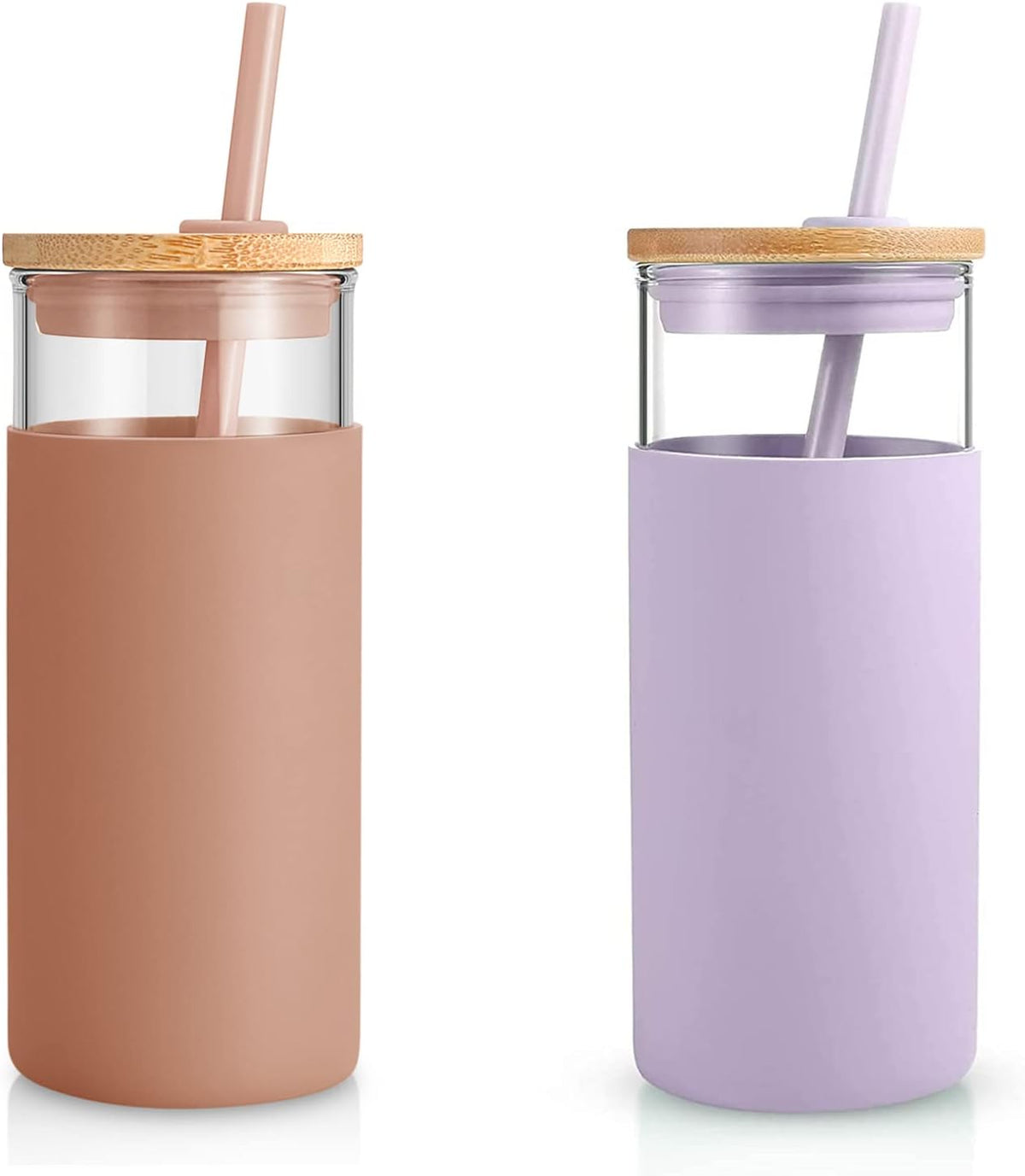 Tronco Glass Tumbler with Lid & Straw - Iced Coffee Cup & Smoothie Cup With Silicone Sleeve | BPA-Free, Dishwasher Safe | Reusable Glass Cups with Bamboo Lids and Straws
