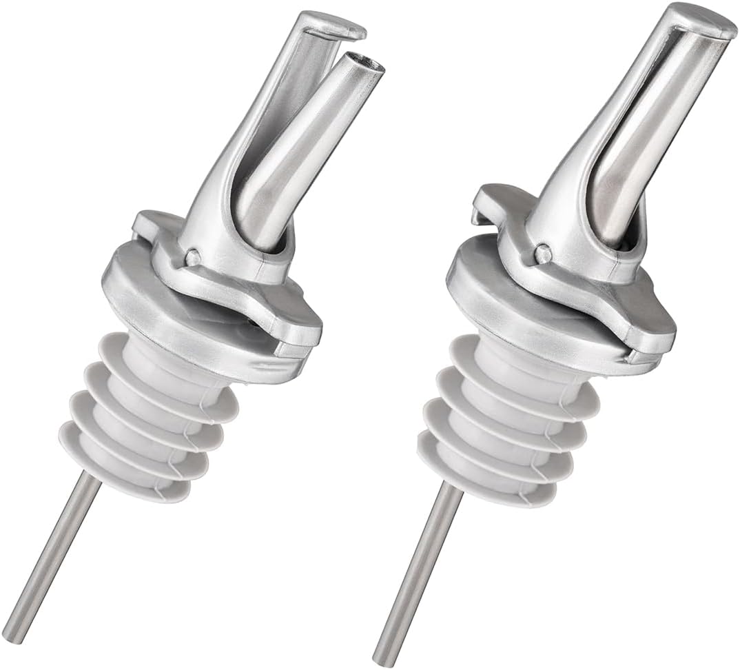 3-in-1 Liquor Pour spout with Built-in Fruit Fly Protection - Dishwasher Safe Hygienic Alcohol Speed Spouts - Also for Olive Oil, Juice, Syrup. Silver 2 Pack