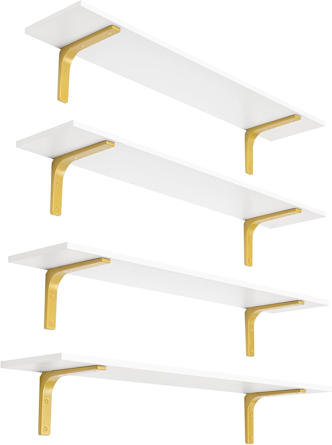 DINZI LVJ Long Wall Shelves, 39.4" Wall Mounted Shelves Set of 4, Large Floating Shelves for Wall with Metal Brackets, for Living Room, Bathroom, Bedroom, Kitchen, White and Gold