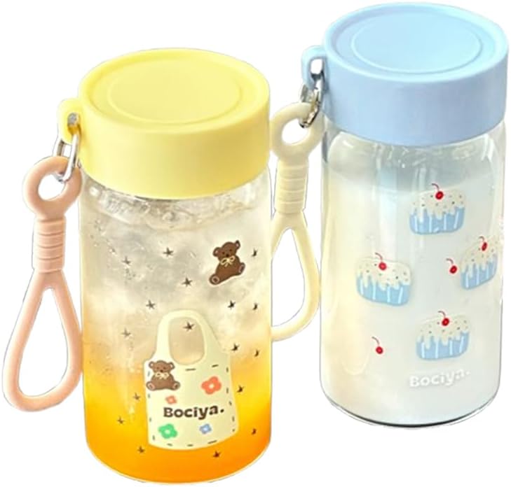 ZZT 2 Sets Of 14.5 OZ Clear Glass Bottles with Lids,Reusable Glass Water Bottle,Yellow and Blue,Leak Proof, Used for Fruit Juice,Tea,Water,Milk,Etc
