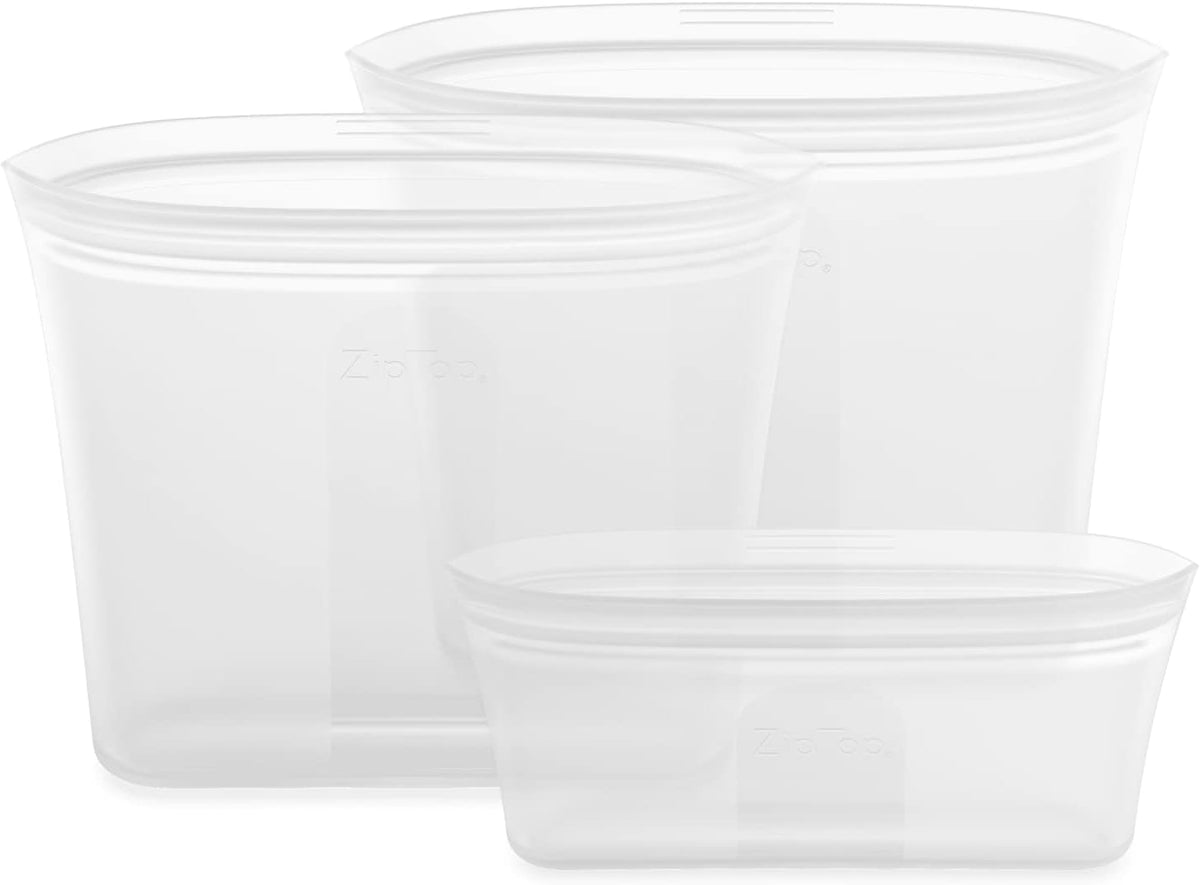 Zip Top Reusable Food Storage Bags | 3 Bag Set [Frost] | Silicone Meal Prep Container | Microwave, Dishwasher and Freezer Safe | Made in the USA