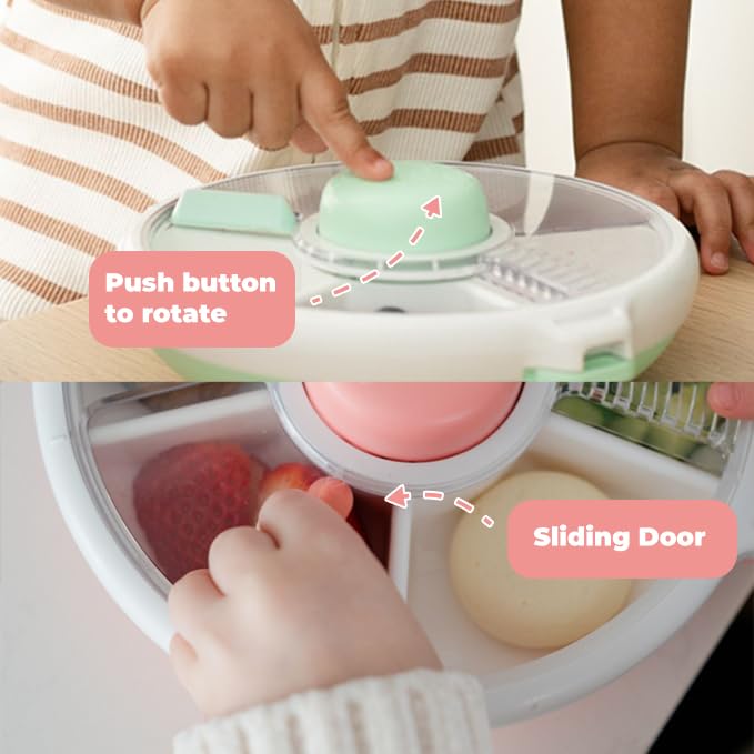 GoBe Kids Small Snack Spinner Slide Bundle with Hand Strap and Sticker Sheet - Reusable Snack Container with 5 Compartment Dispenser and Lid | BPA/PVC Free | Dishwasher Safe | No Spill