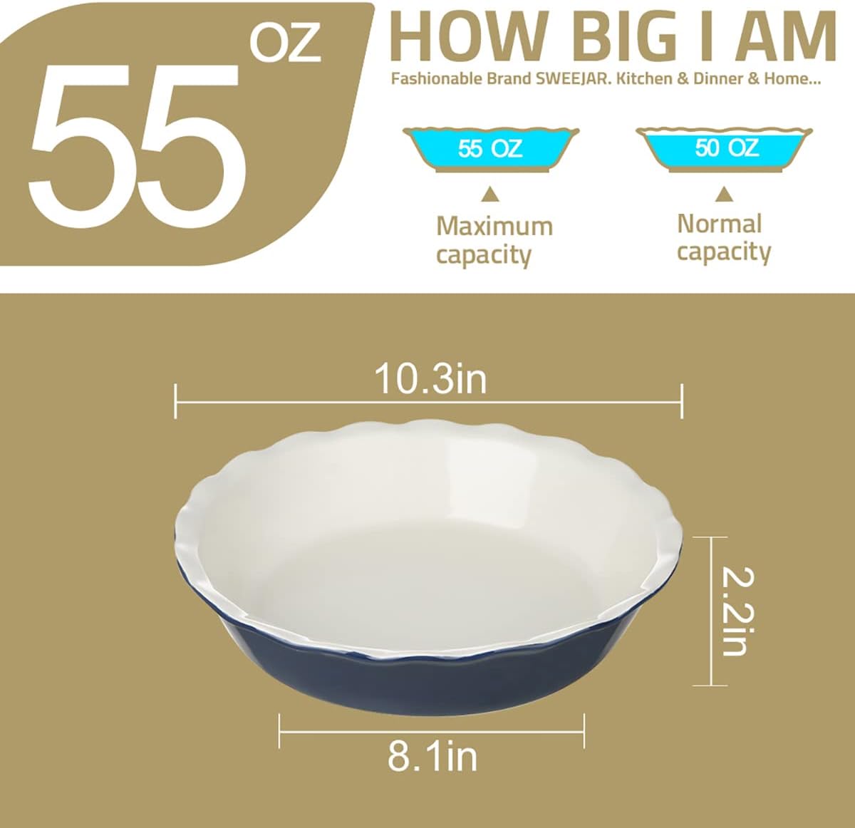 Sweejar Ceramic Pie Pan, 10 Inch Round Baking Dish, Non-Stick with Soft Wave Edge for Apple, Pumpkin, Pot Pies (Green)