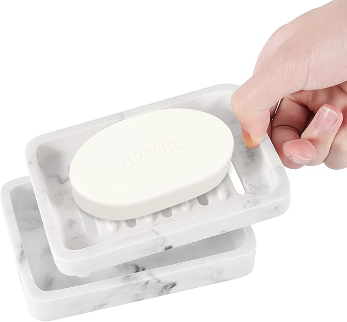 Luxspire Soap Dish Tray, Double Layer Draining Sponge Holder, Detachable Container Box for Bathroom Shower, Kitchen Sink Dish - White Marble