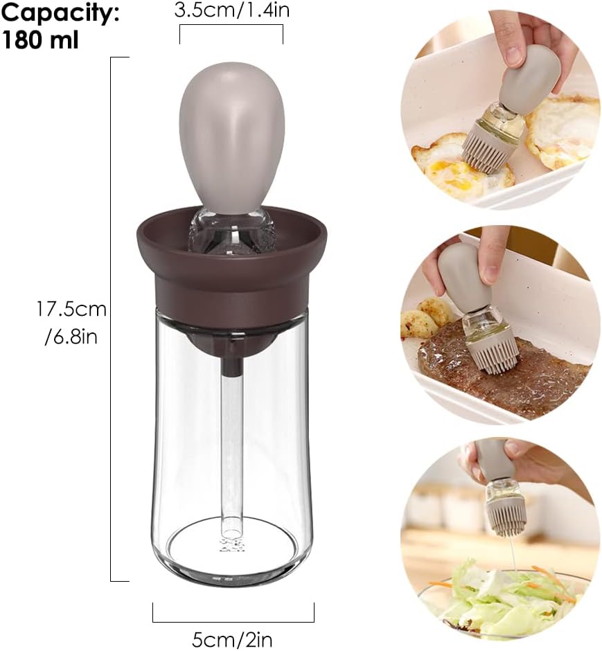 Oil Dispenser with Brush - 2 Pack 180ml Glass Olive Oil Dispenser Bottle with Basting Brush for Cooking Frying Baking Kitchen, T-OB21 Grey