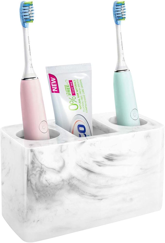 Luxspire Electric Toothbrush Holder, 3 Slots Large Marble Toothbrush Toothpaste Stand, Resin Storage for Bathroom Accessories Vanity Counter Sink Organizer Caddy Marble Style- Ink White