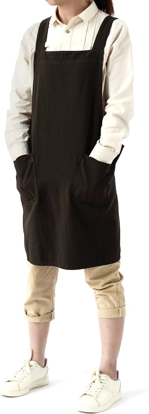 Soft Cotton Linen Apron for Women - Non-tie Cross Back Apron with Pockets, Great for Florist and Kitchen