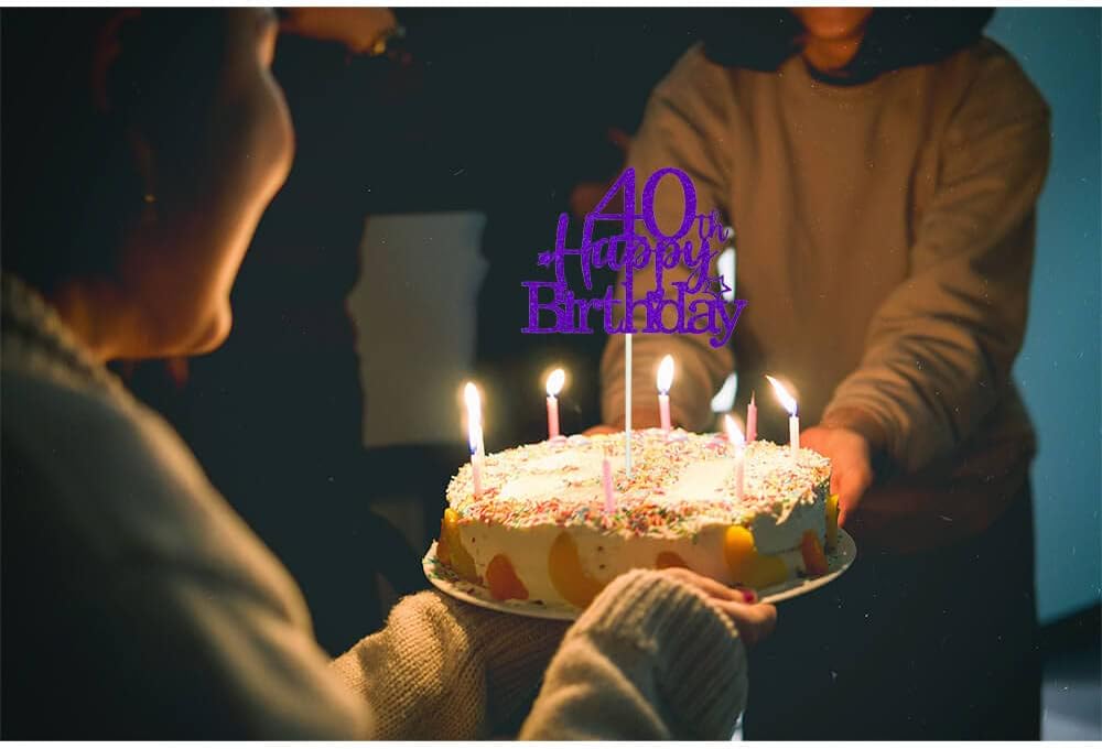Glittery 40th Happy Birthday Cake Topper with Star,Personalised 40 Birthday Cake Toppers Party Decorations Party Supplies for Men Women Purple Silver