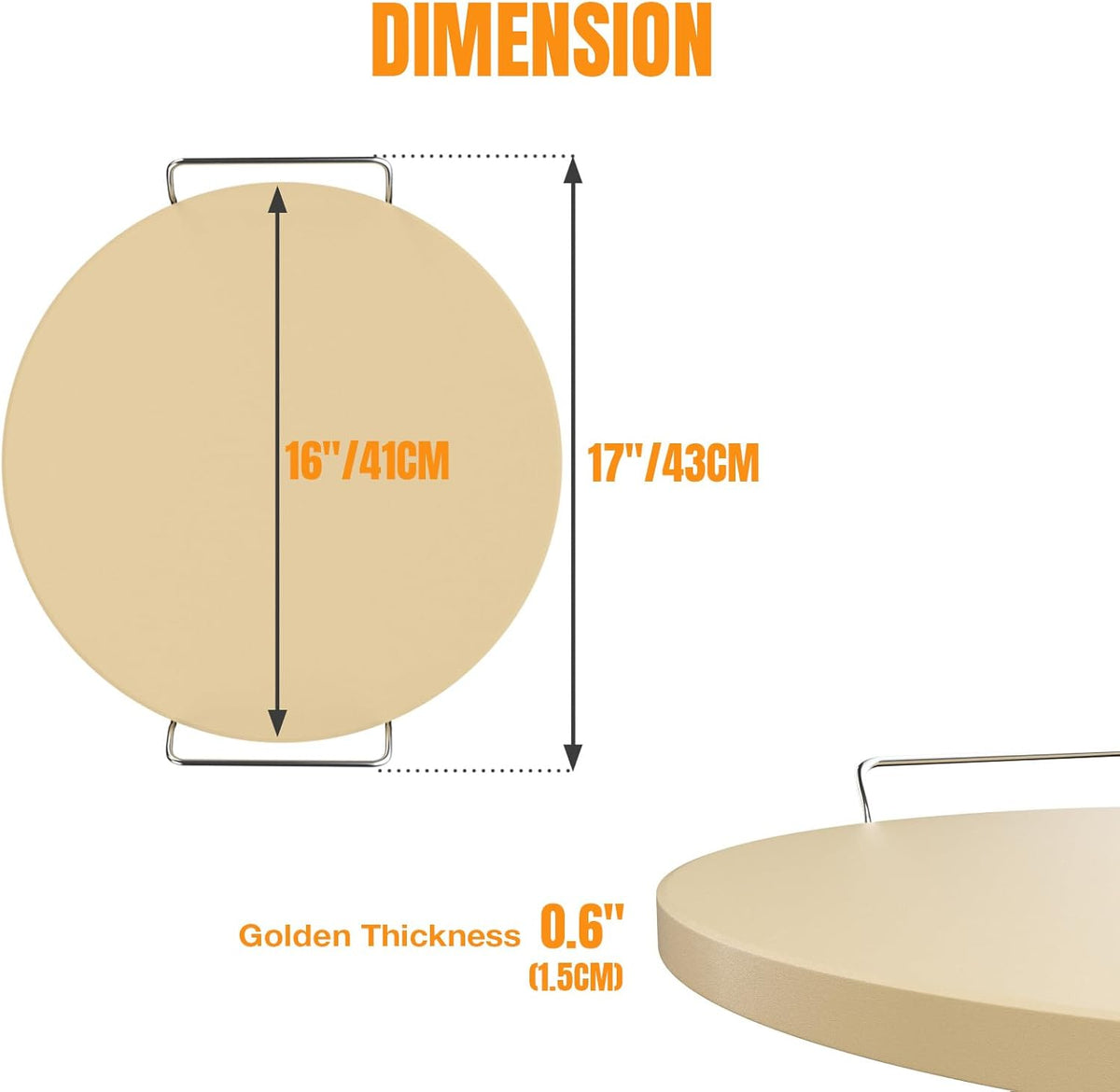 Round Pizza Stone for Grill 16 inch with Handles - Heavy Duty Cordierite Pizza Stone for Oven -Thermal Shock Resistant Baking Stone, Includes Metal Rack & Scraper