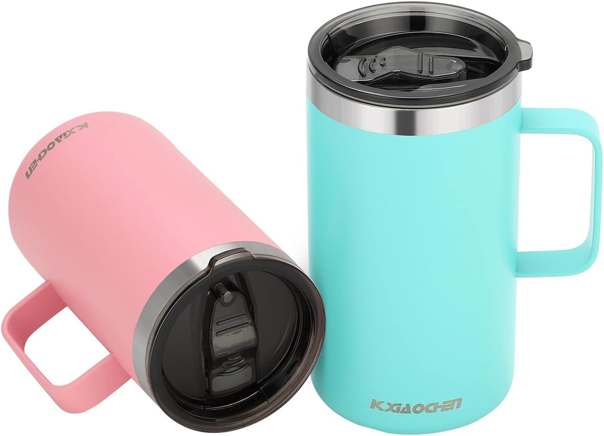 KXIAOCHEN 20oz Insulated Coffee Mug with Lid, Stainless Steel Coffee Cup, Double Wall Vacuum Coffee Tumbler with Handle, Premium Thermal Travel Coffee Mug (Blue Green Pink 2Pack)