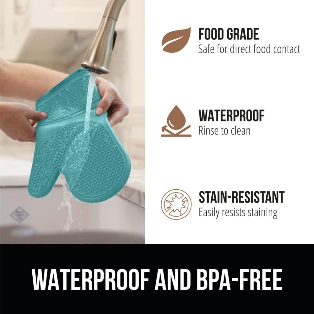 GORILLA GRIP BPA-Free Soft Silicone Oven Mitts, 14.5x8.3, Heat Resistant and Waterproof Cooking Gloves, Thick Cotton Lining, Flexible Gripping for Baking Grilling, Kitchen Potholders Set, Turquoise