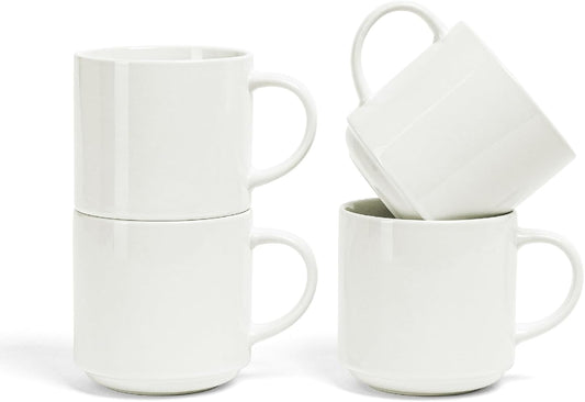 over&back Stackable Stoneware Coffee Mugs - 4-Piece Mug Set - Enjoy the Perfect Cup of Coffee, Tea, Latte, and More - Glossy White - 14oz