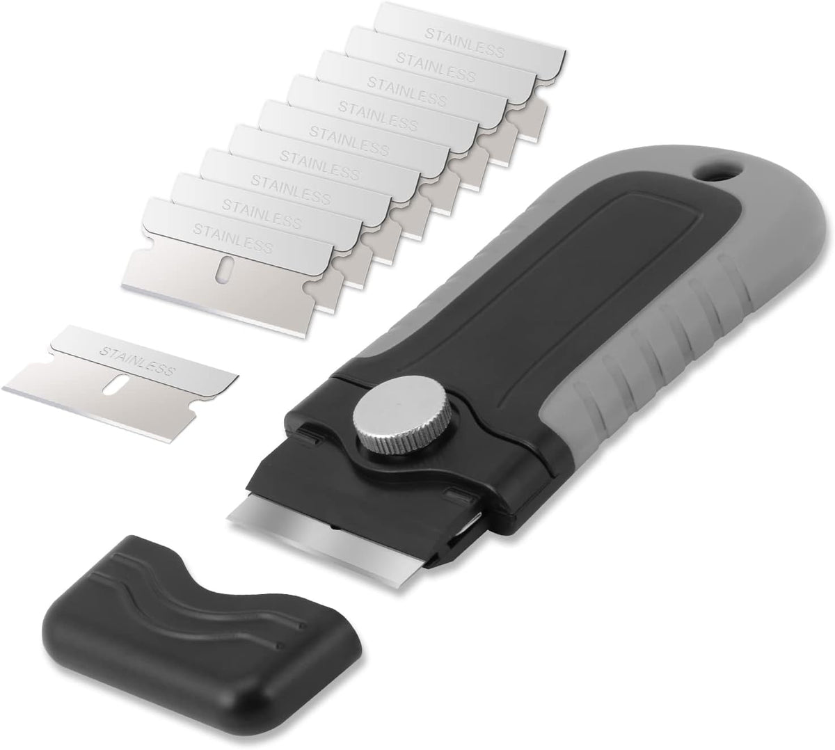 Gomake Razor Blade Scraper Tool with Blade Storage Container, Glass Cooktop Stove Scraper with 10PCS Stainless Steel Blades for Glass Clean,Paint,Old Label,Decal Sticker,Adhesive Remover-Grey