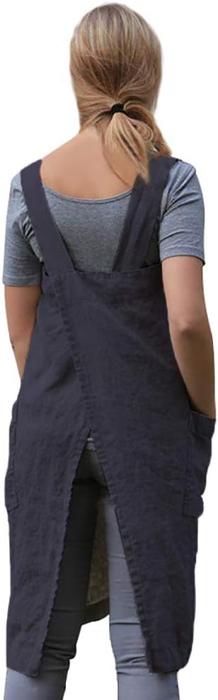 Women's Pinafore Square Apron Baking Cooking Gardening Works Cross Back Cotton/Linen Blend Dress with 2 Pockets