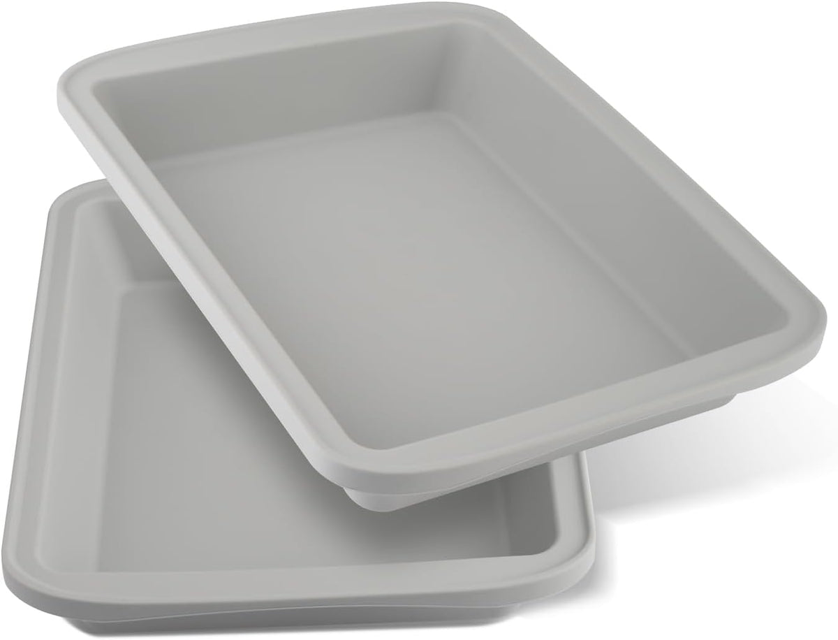 Silicone Baking Mold, Detroit Style Pizza Pan, Rectangular Baking Dish with Handles, Compatible with Fancy Panz, for Lasagna, Cake, Brownie or Family Dinner, 12.6 x 9.8 x 2.1 Inch (2 Pack, Grey)