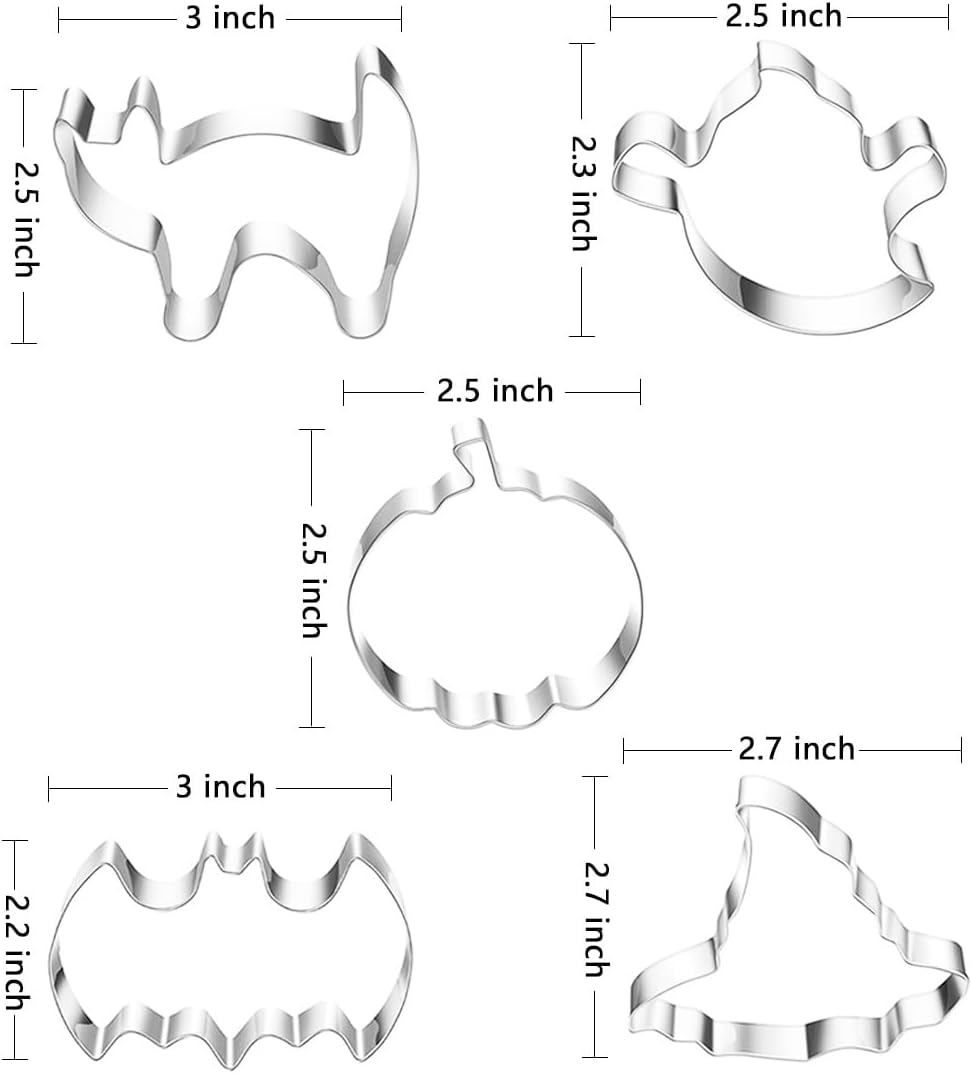 Halloween Cookie Cutters 5pcs, Cat Bat Pumpkin Magic Hat Cookie Cutter Sturdy Easy to Clean & Demold Pancake Dough Molds, Fondant Cutters for Baking Biscuit
