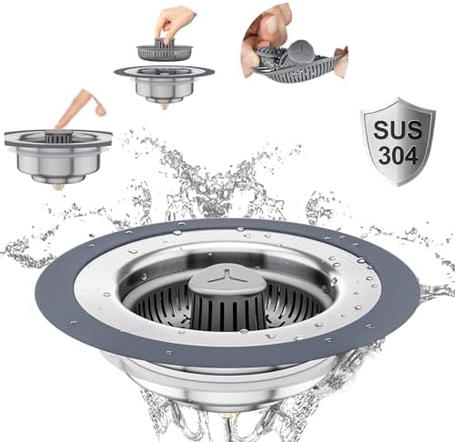 3 in 1 Universal Kitchen Sink Drain Strainer Stopper–304 Stainless Steel & Silicone Anti-Clog Basket,3-Layer Leak-Proof Ring for 3.5”US Standard Drains,Easy-Clean,Odor Isolation,No Installation