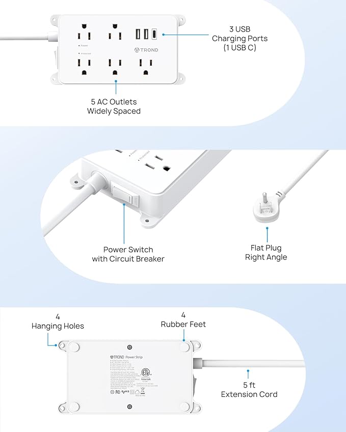 TROND Power Strip with USB, Surge Protector Flat Plug with 5 Widely-Spaced Outlets and 3 USB Ports, ETL Listed, 1300J, Wall Mountable, 5ft Extension Cord, for Office Kitchen, White