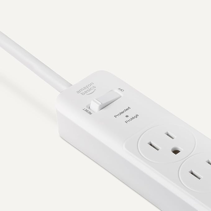 Amazon Basics Rectangle 6-Outlet, 600 Joule Surge Protector Power Strip, 2ft, Small, White, 2-Pack