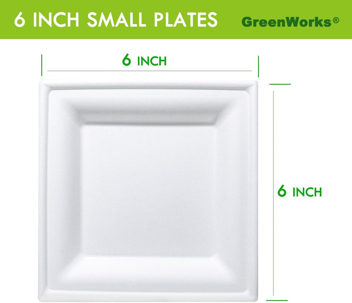 GreenWorks 100 Count 6 Inch Small Square Compostable plates, Heavy Duty Bagasse and Bamboo Fiber Plates