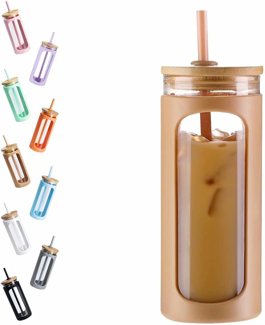Kodrine 20oz Glass Water Tumbler with Straw and Lid, Bamboo Lids Water Bottle, Iced Coffee Cup Reusable, Wide Mouth Smoothie Cups with Protective Silicone Sleeve BPA FREE-Amber
