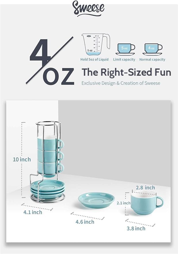 Sweese 4 Ounce Porcelain Stackable Espresso Cups with Saucers and Metal Stand Set of 4, Turquoise