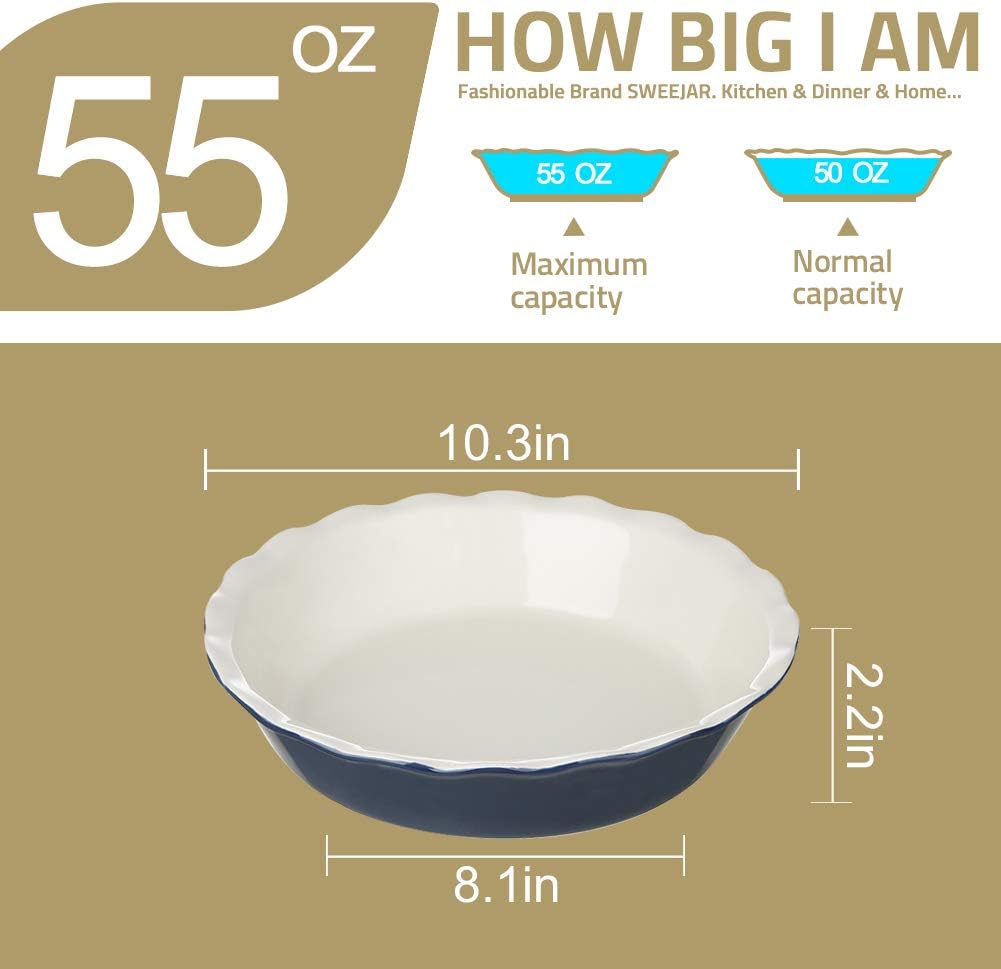 Sweejar Ceramic Pie Pan - 10 Inch Round Baking Dish for Dinner, Non-Stick with Soft Wave Edge for Apple, Pumpkin and Pot Pies (White)