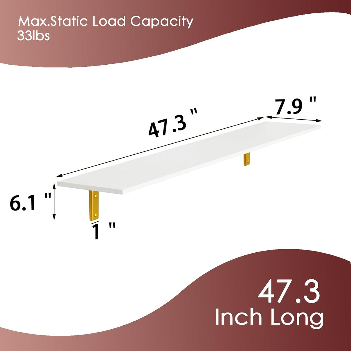 DINZI LVJ Long Wall Shelves, 47.3" Wall Mounted Shelves Set of 4, Large Floating Shelves for Wall with Metal Brackets, for Living Room, Bathroom, Bedroom, Kitchen, White and Gold
