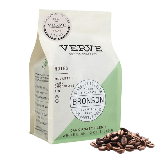 Verve Coffee Roasters Whole Bean Coffee Bronson Blend | French Dark Roast, Direct Trade, Resealable Pouch | Enjoy Hot or Cold Brew | Ideal for French Press | 12oz Bag