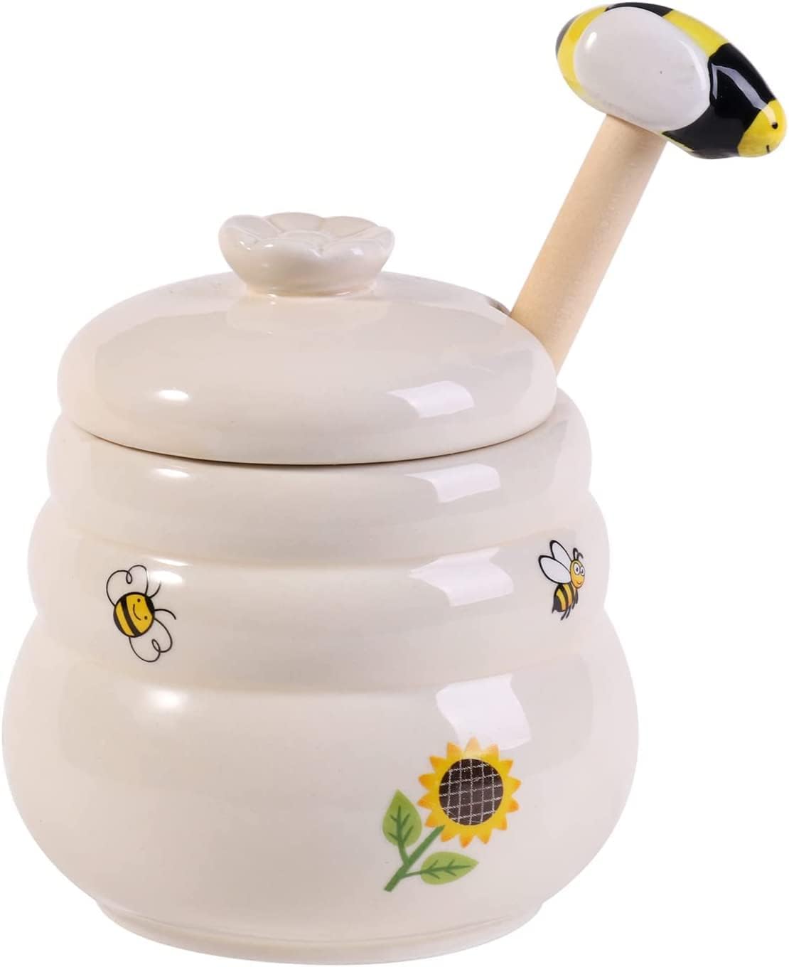Ceramic Honey Jar with Wooden Honey Dipper-Honey Pot with Dipper- Honey Jar with Stand, Great Bee Decor- Farmhouse Kitchen Decoration (Honey Jar-Bee)