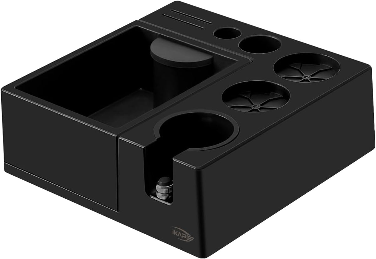 IKAPE Espresso Knock Box, Espresso Coffee Organizer Box Fit for Storage 51, 54, 58MM Espresso Tamper, Distributor, Portafilter & Puck Screen Accessories, Plastic Station Base(Black)