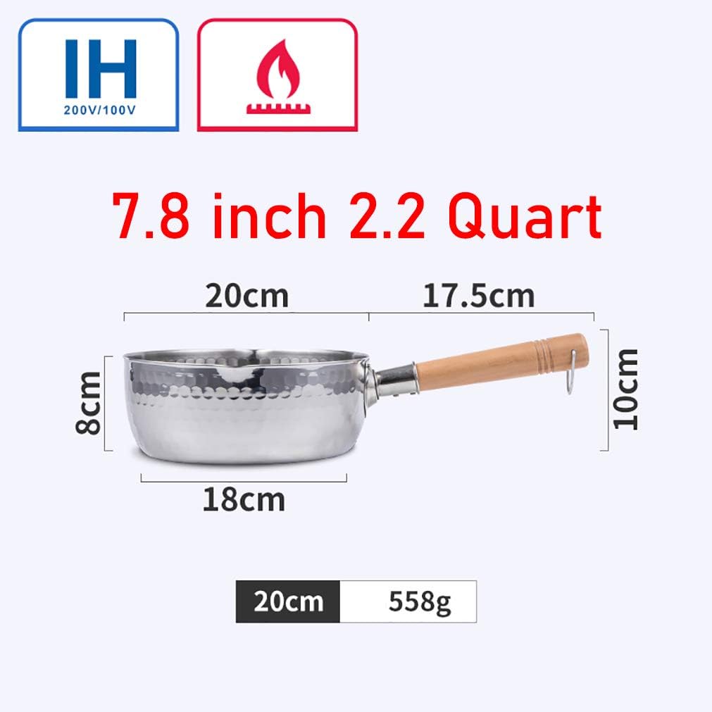 Yukihira Saucepan, Traditional Japanese Yukihira Pot Stainless Steel Saucepan Milk Sauce Pan Wooden Handle (7.8 inch 2.2 Quart)