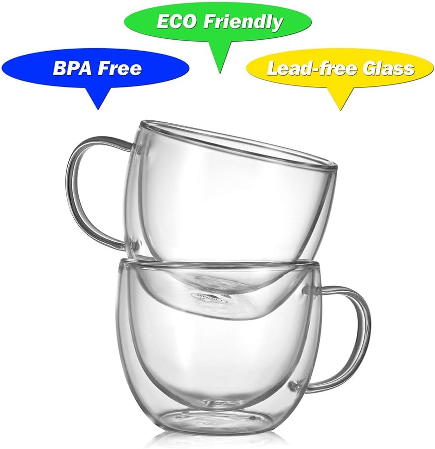 CNGLASS 8oz Double Wall Glass Coffee Mugs,Clear Insulated Espresso Glass Mugs with Handle for Latte,Cappuccino,Coffee,Set of 4