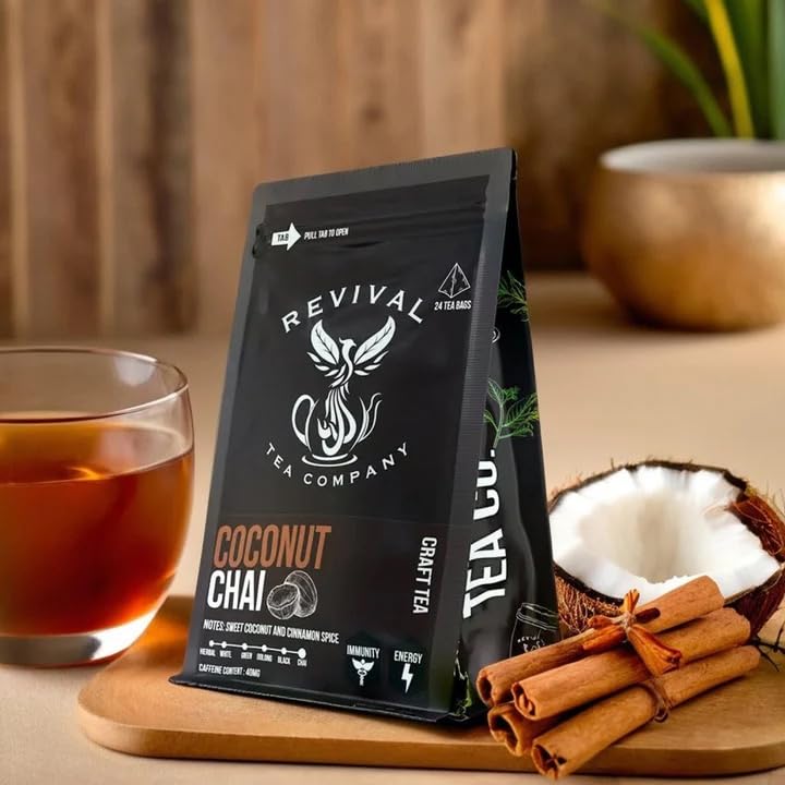 Revival Tea Company Coconut Chai Tea - Black Tea Blend with Fresh Spiced Chai and Coconut Flavor - Loose Leaf 8 Ounces