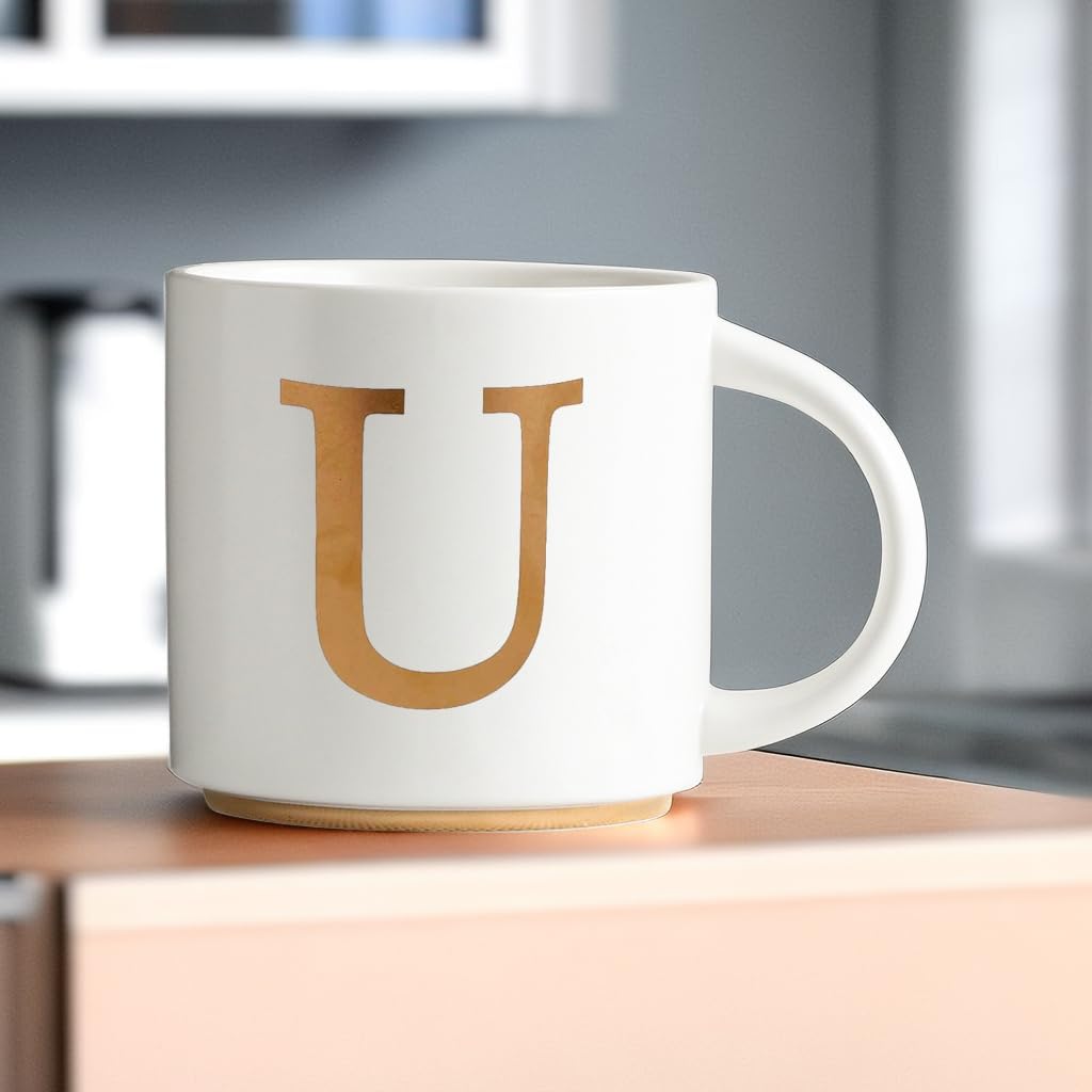 COLLECTIVE HOME - Monogram Ceramic Mugs, 15 oz Golden Initial Coffee Cups, Elegant Alphabet Tea Mugs, Elegant Personalized Mug with Gift Box, Unique Mug with Double Side Capital Letter (U)