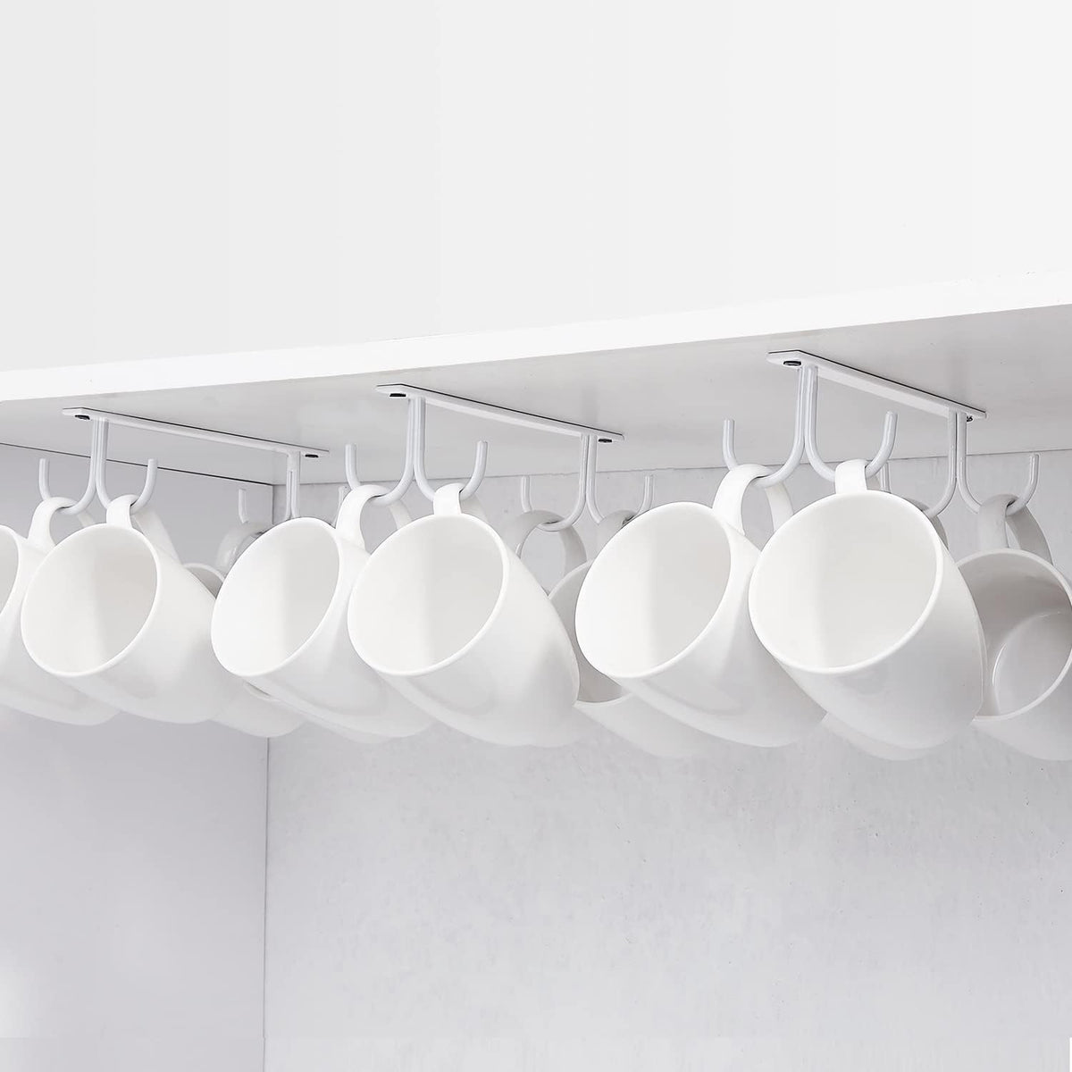 Mug Rack Under Cabinet - Coffee Cup Holder, 12 Mugs Hooks Under Shelf, Display Hanging Cups Drying Hook for Bar Kitchen Utensils White