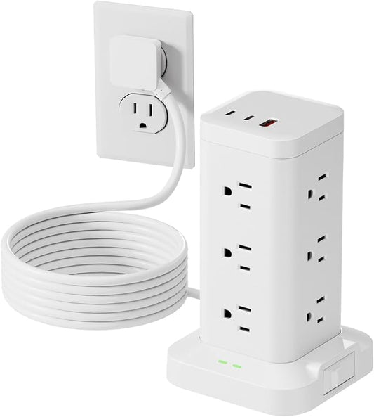 15-in-1 Power Strip Tower with Surge Protector 1800J, Fast Charging Tower PD20W USB-C Ports with 12 AC Outlets, 6ft Extension Cord for Home Office Dorm Room, White