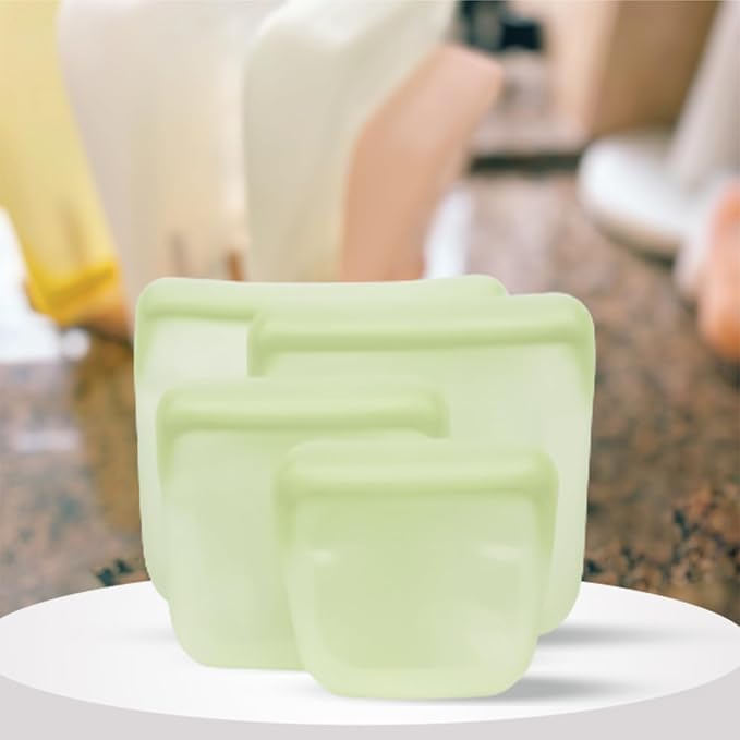purifyou Set of 5 Reusable Silicone Storage Snack Bags 6oz / 16oz / 32oz / 64oz Self-Seal Food Storage Container for Fruits, Vegetables, Sandwiches, Dishwasher Safe & Leak-free (LimeCream, 16oz)