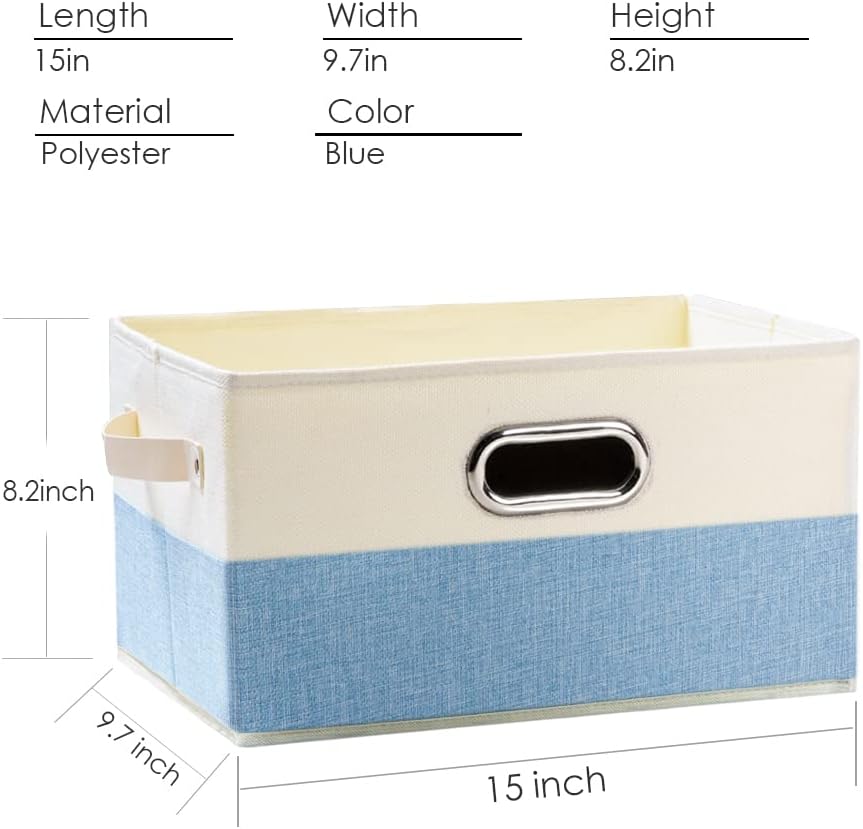 PRANDOM Large Fodable Storage Baskets for Closet [3-Pack] Decorative Fabric Storage Bins Cubes with Leather/Metal Handles for Shelves Bedroom Living Room Blue&Cream (14.9x9.8x8.3 Inch)