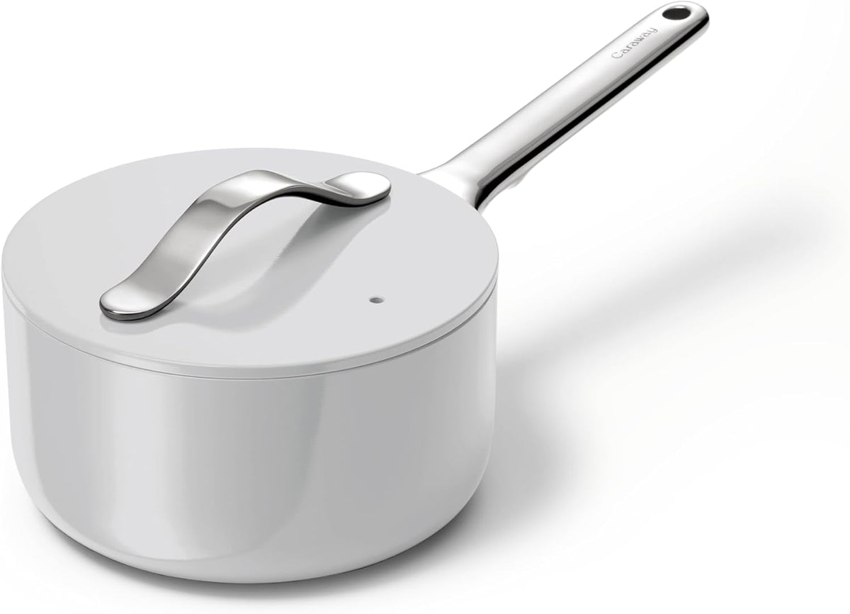 Caraway Nonstick Ceramic Sauce Pan with Lid (1.75 qt) - Non Toxic, PTFE & PFOA Free - Oven Safe & Compatible with All Stovetops (Gas, Electric & Induction) - Gray