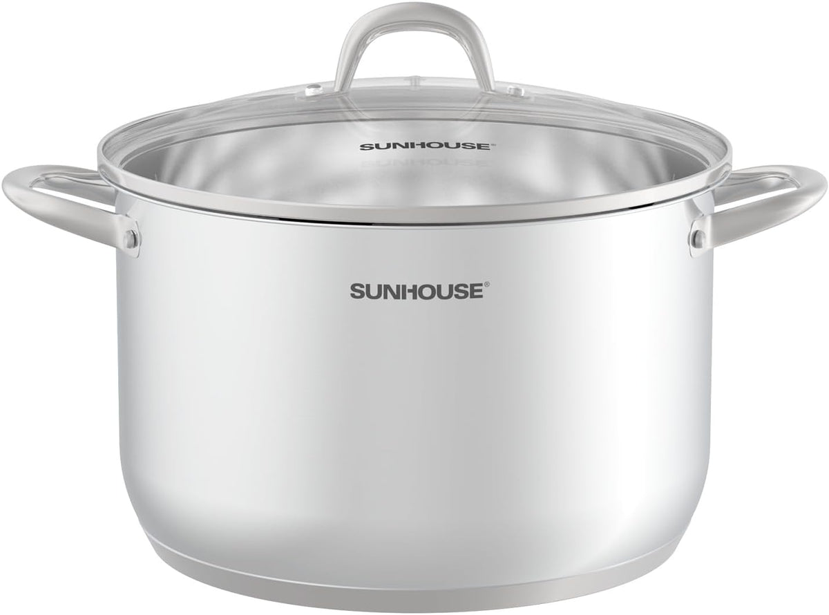 SUNHOUSE 13-Quart Stainless Steel Stockpot w/Tempered Glass Lid - Heavy-Duty, Food-Grade Cookware for Simmering, Boiling, and Induction Cooking - Exceptional Heat Distribution