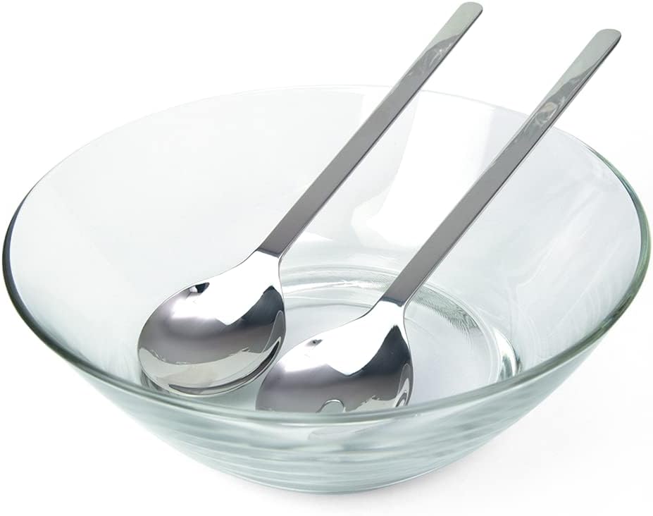 Regent 18/10 CONTEMPO Chromeplated 9.8”inch 25cm Salad Bowl with Stainless Steel Servers, Big Salad Bowls with Perfect for Fruits, Vegetable or Salads