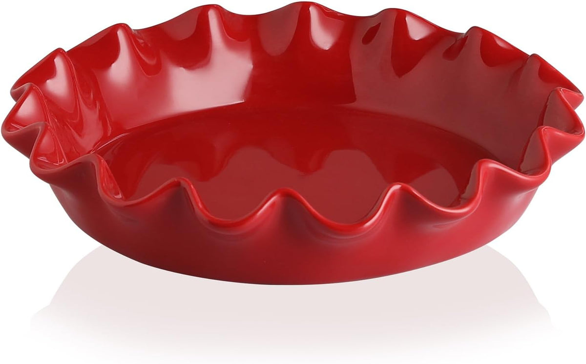 Sweejar Ceramic 11.5 Inches Pie Pan for Baking, Deep and Fluted Porcelain Round Pie Dish, Non-Stick Pie Plate for Pumpkin Pie, Apple Pie, Pie Pots with Morden Farmhouse Design(Red)