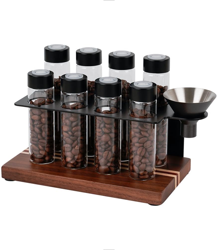 watchget Coffee Bean Storage Tubes Single Dose Coffee Bean Cellars 8 Pcs with One-way Exhaust Valve Sealed Airtight Coffee Bean Storage Jars with Hopper, Wooden Display Stand, A