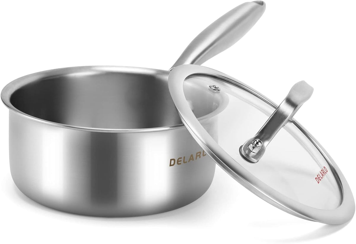 DELARLO Tri-Ply Stainless Steel Induction Saucepan, 1.5 QT with Lid, All Stove Compatible 600, Small Pots for Cooking, Heavy Duty Saucier, Dishwasher Safe
