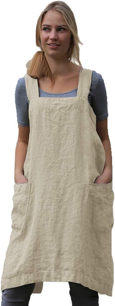 Women's Pinafore Square Apron Baking Cooking Gardening Works Cross Back Cotton/Linen Blend Dress with 2 Pockets