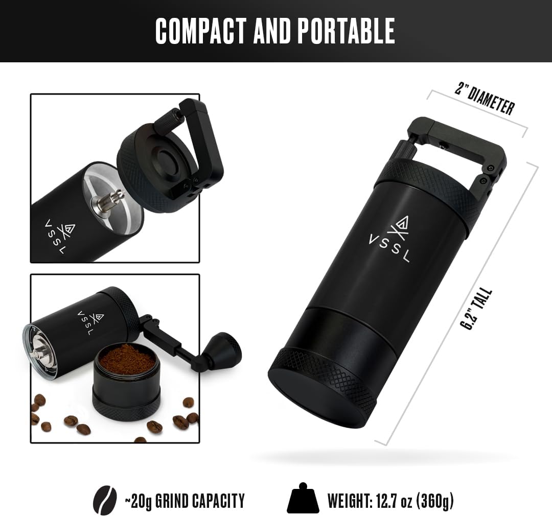 Java Manual Coffee Grinder, 20 Gram Capacity, Stainless Steel Burr, 50 Settings, Black