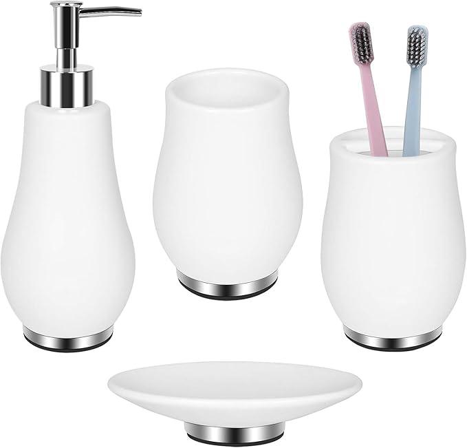 Bathroom Accessories Set 4 Pcs Toothbrush Holder Soap Dispenser Ceramic Bathroom Accessory Set with Toothbrush Cup Soap Dish Tumbler White