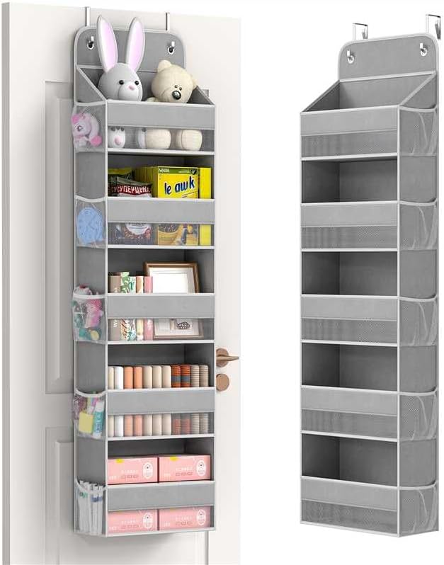 LAMU 1 Pack Over The Door Organizer Hanging with 5 Large Pockets and 10 Mesh Pockets, 44lb Over The Door Storage for Closet, Nursery and Bathroom, Behind The Door Storage with Clothes and Toys, Gray